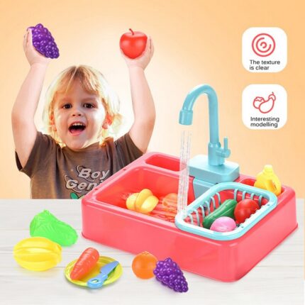 Kids Kitchen Sink Toys with Real Water Faucet – Pretend Play Washing Set with Fruits & Vegetables
